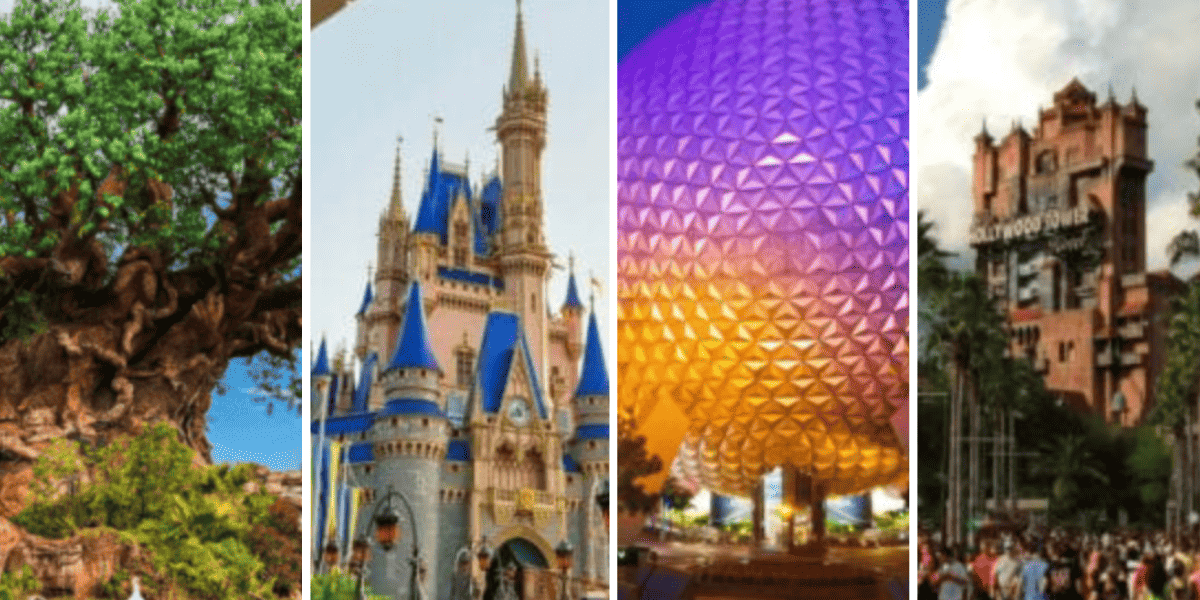 Four iconic Disney World attractions: the Tree of Life, Cinderella Castle, Epcot’s Spaceship Earth geodesic sphere, and the Hollywood Tower Hotel from the Tower of Terror ride, each under a bright sky.