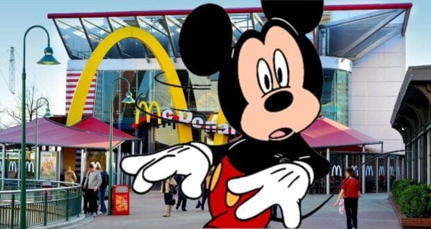 Mickey Mouse shocked in front of McDonald's