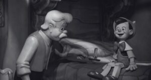 A black & white image of animatronics on Pinocchio's Daring Journey at Disneyland.