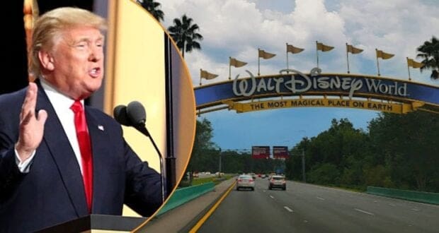 Left: Donald Trump speaking. Right: the entrance to Walt Disney World Resort in Central Florida