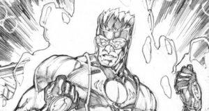 Black and white sketch of Captain Citrus, a muscular superhero in a dynamic pose, wearing a mask and futuristic armor. Energy emanates from his clenched fists, and speed lines radiate from the background, suggesting movement and power.
