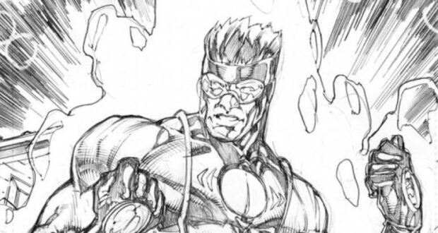 Black and white sketch of Captain Citrus, a muscular superhero in a dynamic pose, wearing a mask and futuristic armor. Energy emanates from his clenched fists, and speed lines radiate from the background, suggesting movement and power.