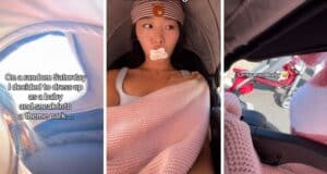 A person is dressed as a baby in a stroller, with a pacifier and beanie, sneaking into a Disney park.