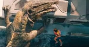 A Spinosaurus attacks a boat in 'Jurassic World Rebirth'