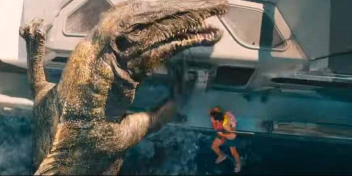 A Spinosaurus attacks a boat in 'Jurassic World Rebirth'