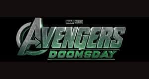 Avengers Doomsday" logo. Text is metallic and bold, with "Avengers" in large letters and "Doomsday" in a smaller font below it. "Marvel Studios" is placed above "Avengers" in small text. The black background gives it a sleek MCU look, reminiscent of Blade's dark aesthetic.