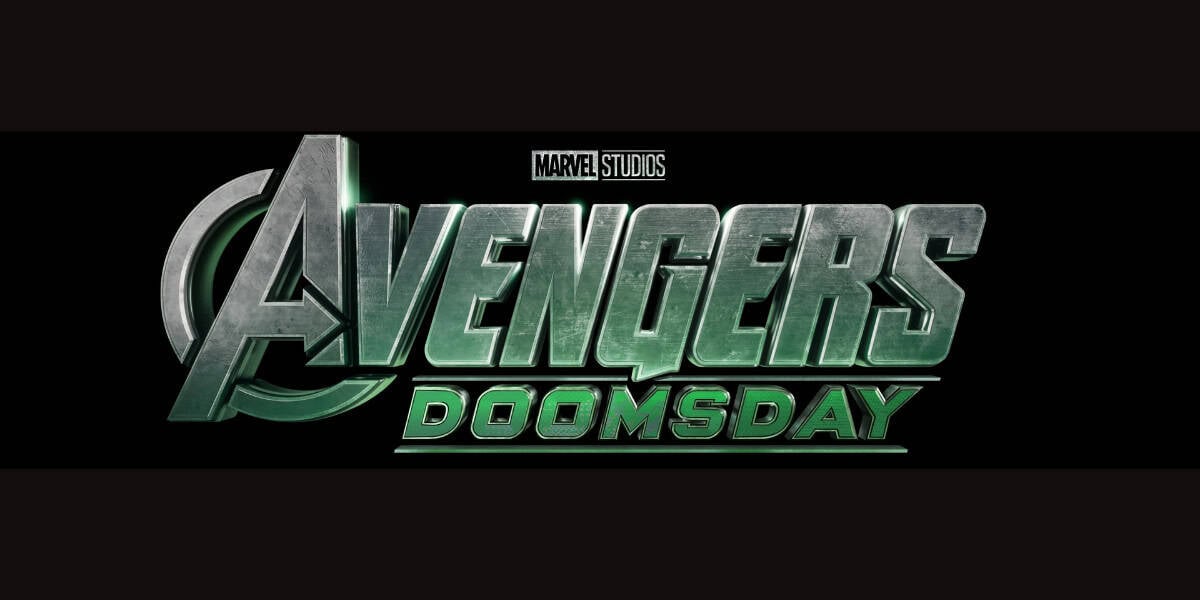 Avengers Doomsday" logo. Text is metallic and bold, with "Avengers" in large letters and "Doomsday" in a smaller font below it. "Marvel Studios" is placed above "Avengers" in small text. The black background gives it a sleek MCU look, reminiscent of Blade's dark aesthetic.