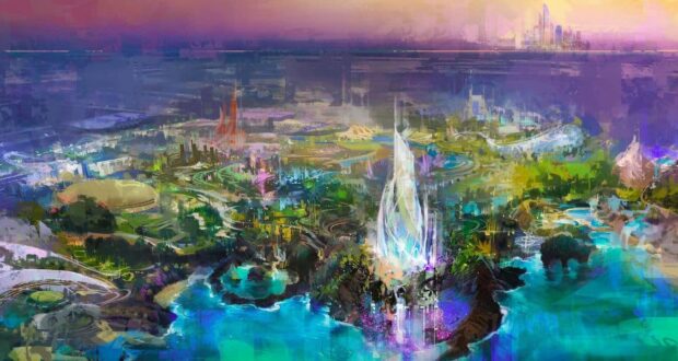 A vibrant, futuristic cityscape seen from above, featuring glowing, colorful buildings, lush greenery, winding roads, and bright lights near a body of water, with a large, illuminated tower at the center.
