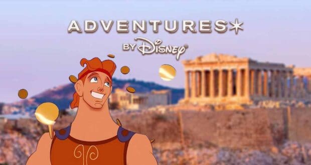 Animated Hercules smiles in front of the Parthenon in Athens, Greece, with gold coins floating around. The text above reads "Adventures* by Disney." The background shows ancient Greek ruins under a clear sky.