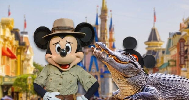 Mickey Mouse dressed as a park ranger stands next to an alligator wearing Mickey ears, with a castle and colorful buildings in the background, resembling a theme park setting.