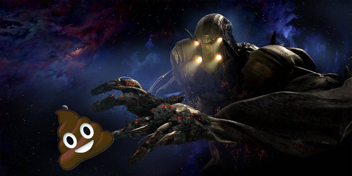 A menacing, dark armored humanoid figure with glowing eyes reaches forward in a cosmic background. A large cartoon poop emoji with eyes and a smile is overlaid in the bottom left corner.
