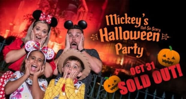 Four people in Disney costumes pose with surprised faces by a spooky, red-lit building at Disney World. Text: "Mickey’s Not-So-Scary Halloween Party, Oct 31 SOLD OUT!" Pumpkins and Halloween decorations set the scene for Halloween Night.