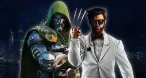 Doctor Doom in green armor and hood stands beside Wolverine, who is wearing a white suit, black bow tie, and eye patch, with claws extended against a city night skyline.