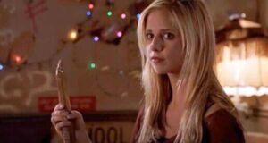 Buffy holding a stake in the 'Buffy the Vampire Slayer' intro