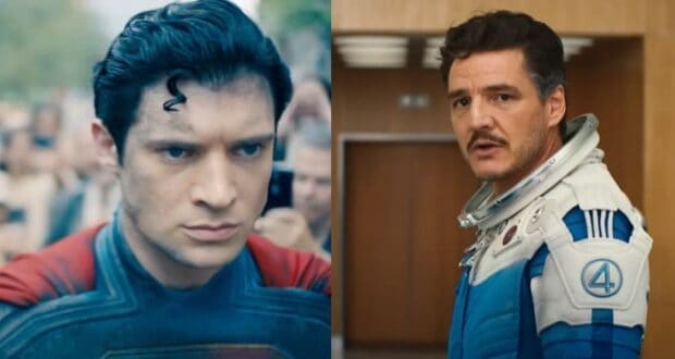 Split image: (L) David Corenswet as Superman (R) Pedro Pascal in 'Fantastic Four' (2025)