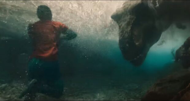 The T-Rex during the river scene in 'Jurassic World Rebirth'