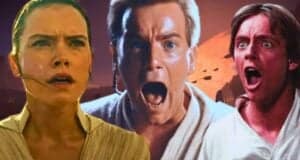 L to R: Rey (Daisy Ridley), Obi-Wan Kenobi (Ewan McGregor), and Luke Skywalker (Mark Hamill) looking shocked