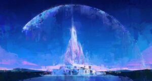 A glowing, futuristic blue and purple tower rises under a translucent dome against a night sky, with light reflecting on water below, creating a surreal, sci-fi atmosphere.
