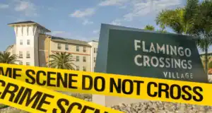 Yellow "CRIME SCENE DO NOT CROSS" tape in front of the Flamingo Crossings Village sign, with palm trees and a multi-story building in the background under a blue sky.