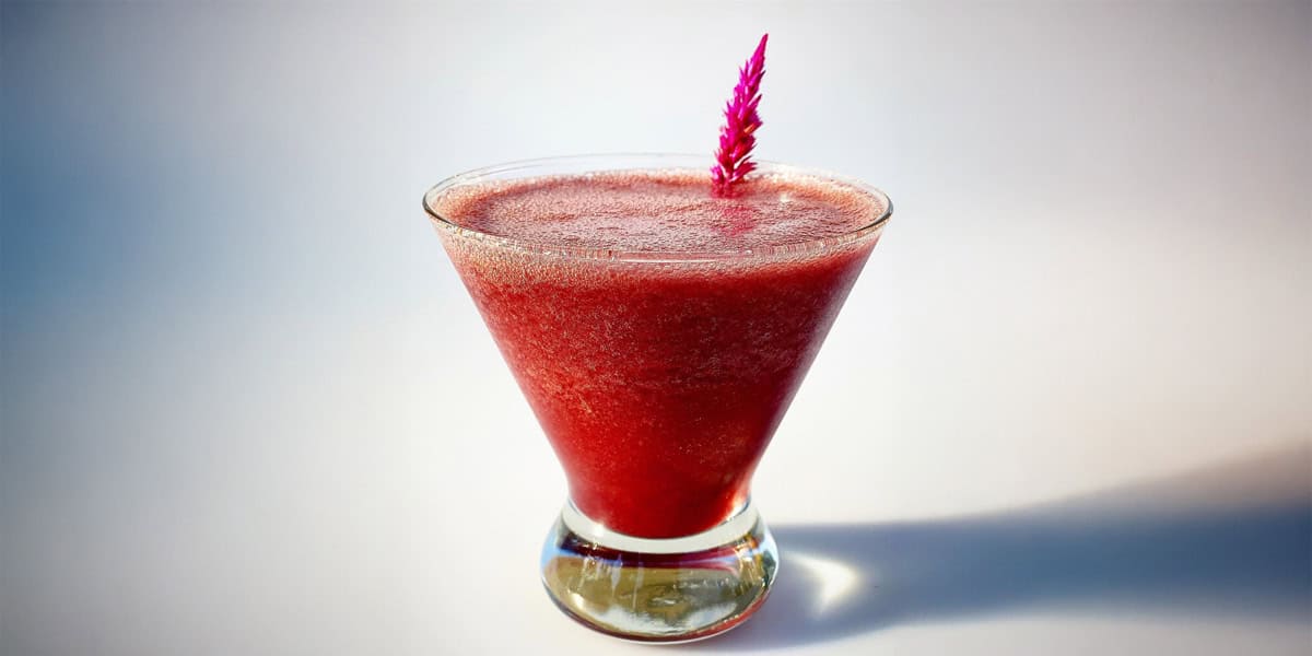 A red frozen cocktail served in a martini glass, garnished with a small, bright pink flower against a simple, light background.