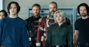 L-R: Hannah John-Kamen as Ghost, Lewis Pullman as Sentry, Wyatt Russell as U.S. Agent, David Harbour as Red Guardian, Florence Pugh as Yelena Belova, and Sebastian Stan as Bucky Barnes in Marvel's 'Thunderbolts'