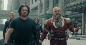 L-R: Wyatt Russell as U.S. Agent, Sebastian Stan as Bucky, Hannah John-Kamen as Ghost, and David Harbour as Red Guardian