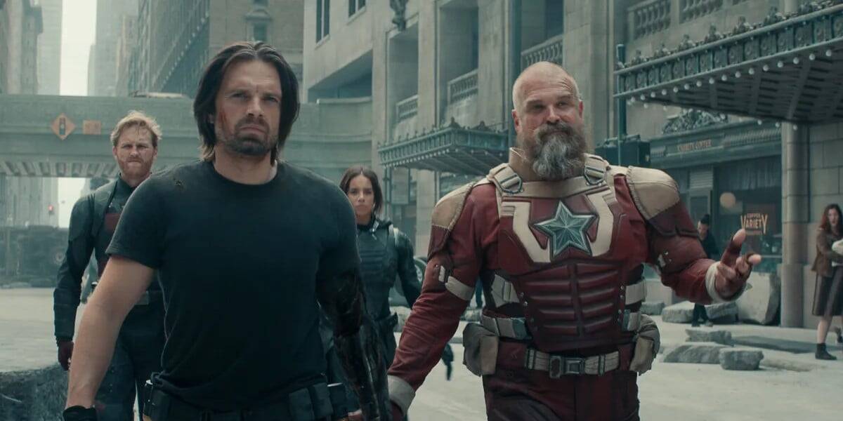 L-R: Wyatt Russell as U.S. Agent, Sebastian Stan as Bucky, Hannah John-Kamen as Ghost, and David Harbour as Red Guardian