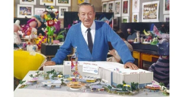 Walt Disney with a model of "it's a small world"