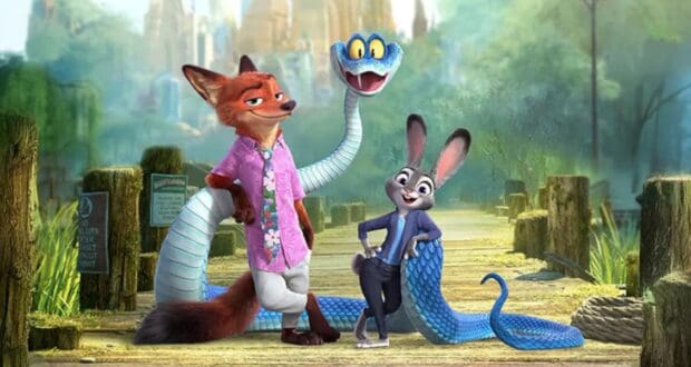 A cartoon fox in a pink shirt and a bunny in a suit stand confidently together, both wrapped in the coils of a large, smiling blue snake, with a city and trees in the background.