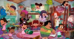 A lively, colorful cartoon scene shows kids and adults having fun in a messy, cheerful bedroom with bunk beds, toys, and clothes scattered everywhere. Everyone is smiling, dancing, or laughing in the playful chaos.