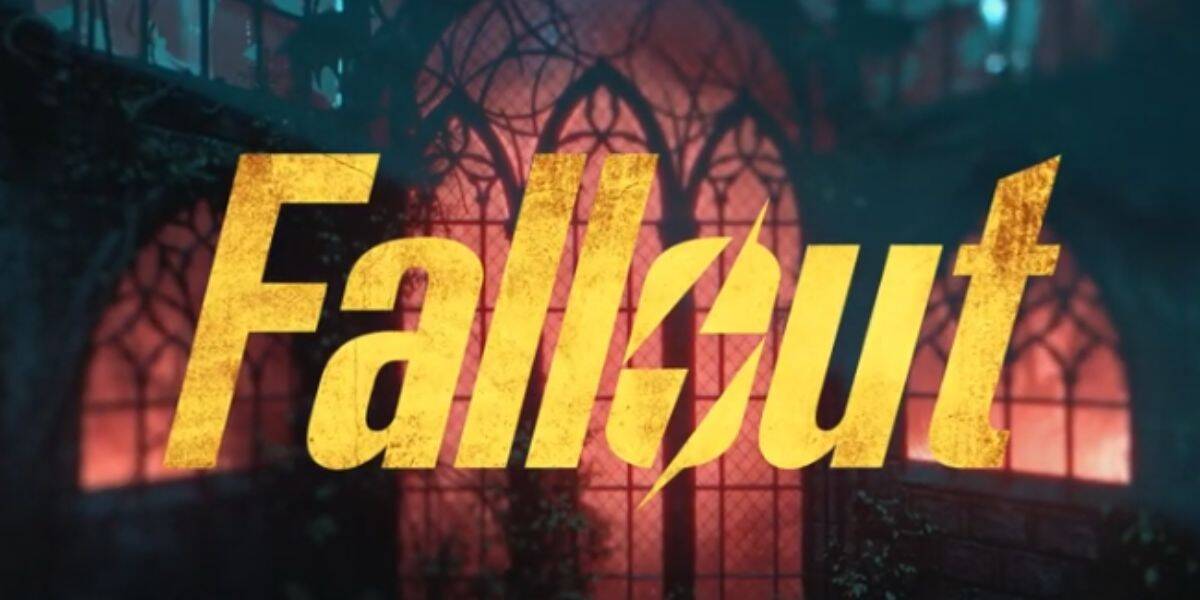 The word "Fallout" in large, bold, weathered yellow letters appears in front of a gothic-style stained glass window with a reddish glow.
