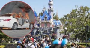 A large crowd gathers at the entrance of a Disneyland castle. Inset on the image is a photo of a white car engulfed in flames, with thick smoke rising from it. The two scenes contrast sharply in mood.