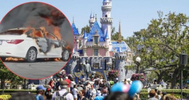 A large crowd gathers at the entrance of a Disneyland castle. Inset on the image is a photo of a white car engulfed in flames, with thick smoke rising from it. The two scenes contrast sharply in mood.
