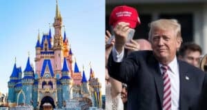 A side-by-side image: on the left, Cinderella Castle at Disney World, and on the right, a man in a suit holding up a red "Make America Great Again" hat at an outdoor event.