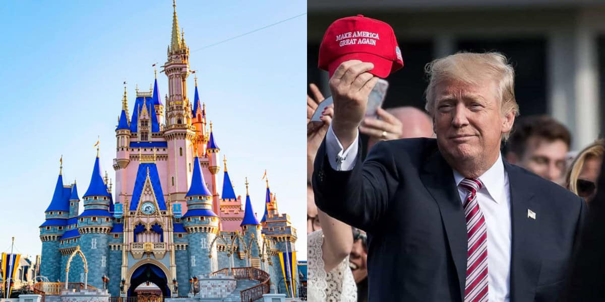 A side-by-side image: on the left, Cinderella Castle at Disney World, and on the right, a man in a suit holding up a red "Make America Great Again" hat at an outdoor event.