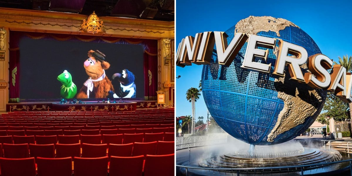 On the left, an empty theater shows Muppet characters on the screen; on the right, the large spinning Universal Studios globe stands outdoors with palm trees and blue sky in the background.