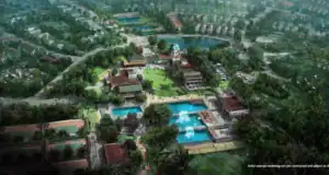 Aerial artistic rendering of a large recreational complex with pools, tennis courts, green spaces, and surrounding residential buildings amid trees and water features.