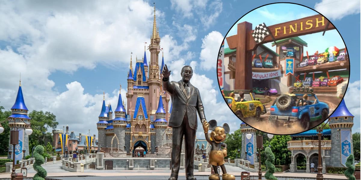 A statue of Walt Disney and Mickey Mouse stands in front of Cinderella Castle at Magic Kingdom. An inset shows a cartoon race car finish line with animated cars celebrating.