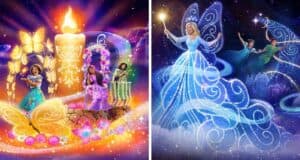 Colorful illustration split in two: left side features Encanto characters around a glowing candle with butterflies and flowers; right side shows Cinderella's fairy godmother with sparkling magic near Peter Pan and Wendy flying.