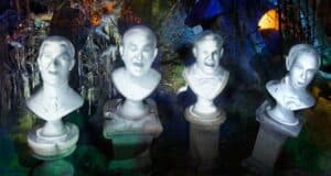 Four white marble busts in Phantom Manor at Disneyland Paris