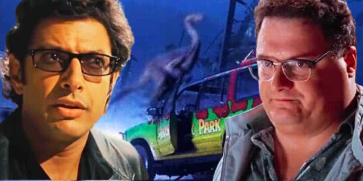 Ian Malcolm (Jeff Goldblum) and Dennis Nedry (Wayne Knight) looking shocked against a "Jurassic Park: Survival" T-Rex paddock backdrop