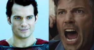 Split image: Henry Cavill smiling as Superman on the left, Ben Affleck screaming as Bruce Wayne on the right