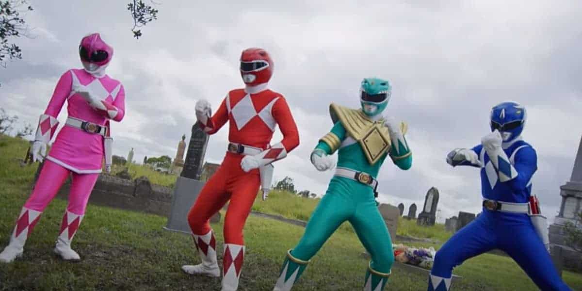 (L to R) Pink Ranger, Red Ranger, Green Ranger, and Blue Ranger in 'Mighty Morphin Power Rangers: Once and Always'