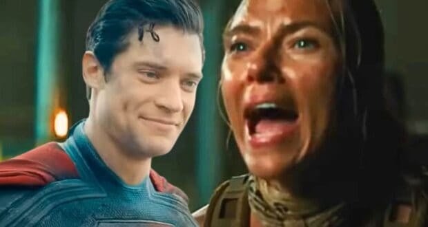 Split image: Left, Superman (David Corenswet) smiling, Right - Zora Bennett (Scarlett Johansson) screaming in 'Jurassic World Rebirth'