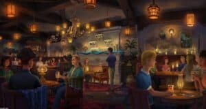 Concept art for The Beak and Barrel, a family-friendly lounge inspired by Pirates of the Caribbean coming to Walt Disney World in 2025