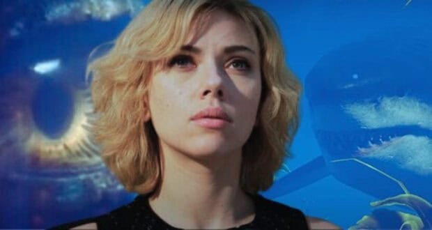 (L to R) The Mosasaurus in 'Jurassic World: Fallen Kingdom, Scarlett Johansson from 'Lucy', and the Megalodon from "Jurassic World Evolution 2"