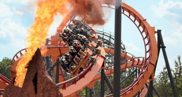 A roller coaster train at Six Flags America