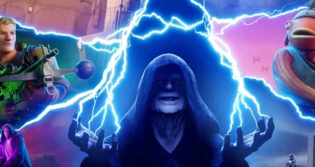 A hooded figure conjures blue lightning in the center, with colorful Fortnite characters and dramatic backgrounds on either side, blending gaming and fantasy elements.