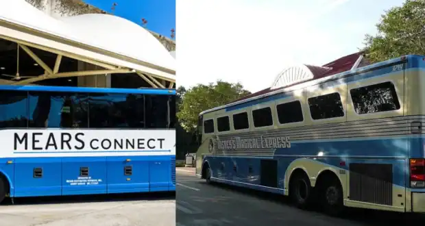Two blue buses parked outdoors: on the left, a modern bus labeled "MEARS CONNECT"; on the right, a vintage-style bus with white and blue stripes and large windows, parked near trees.