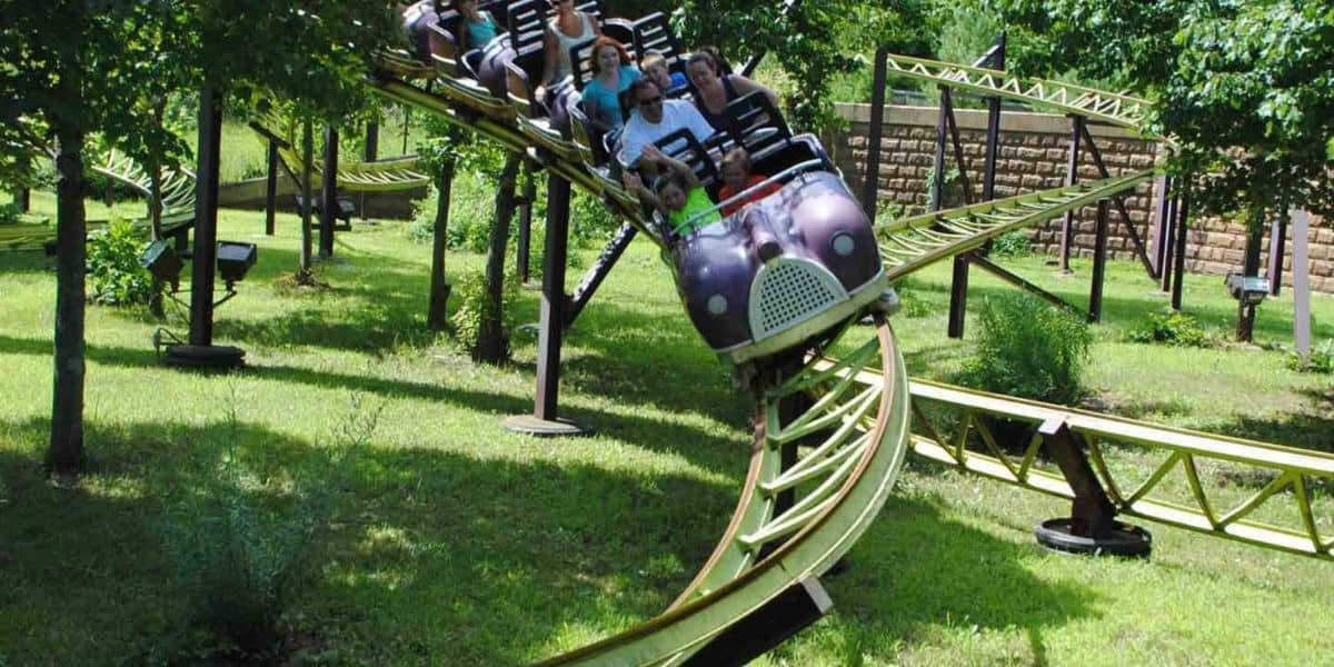 People ride a small purple roller coaster designed like a caterpillar, curving through a grassy, tree-filled area on bright green tracks. The riders appear to be enjoying the ride.